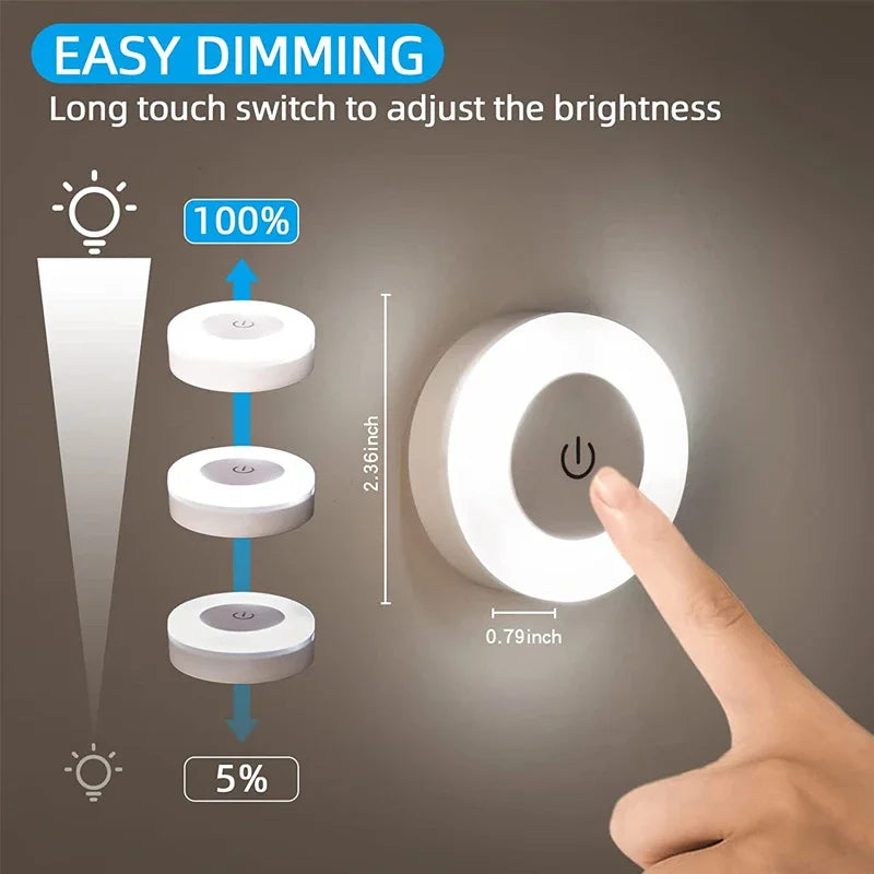 Mini LED Touch Sensor Night Lights USB Rechargeable Kitchen Bedroom Magnetic Base Wall Light Round Portable Dimming Night Lamp